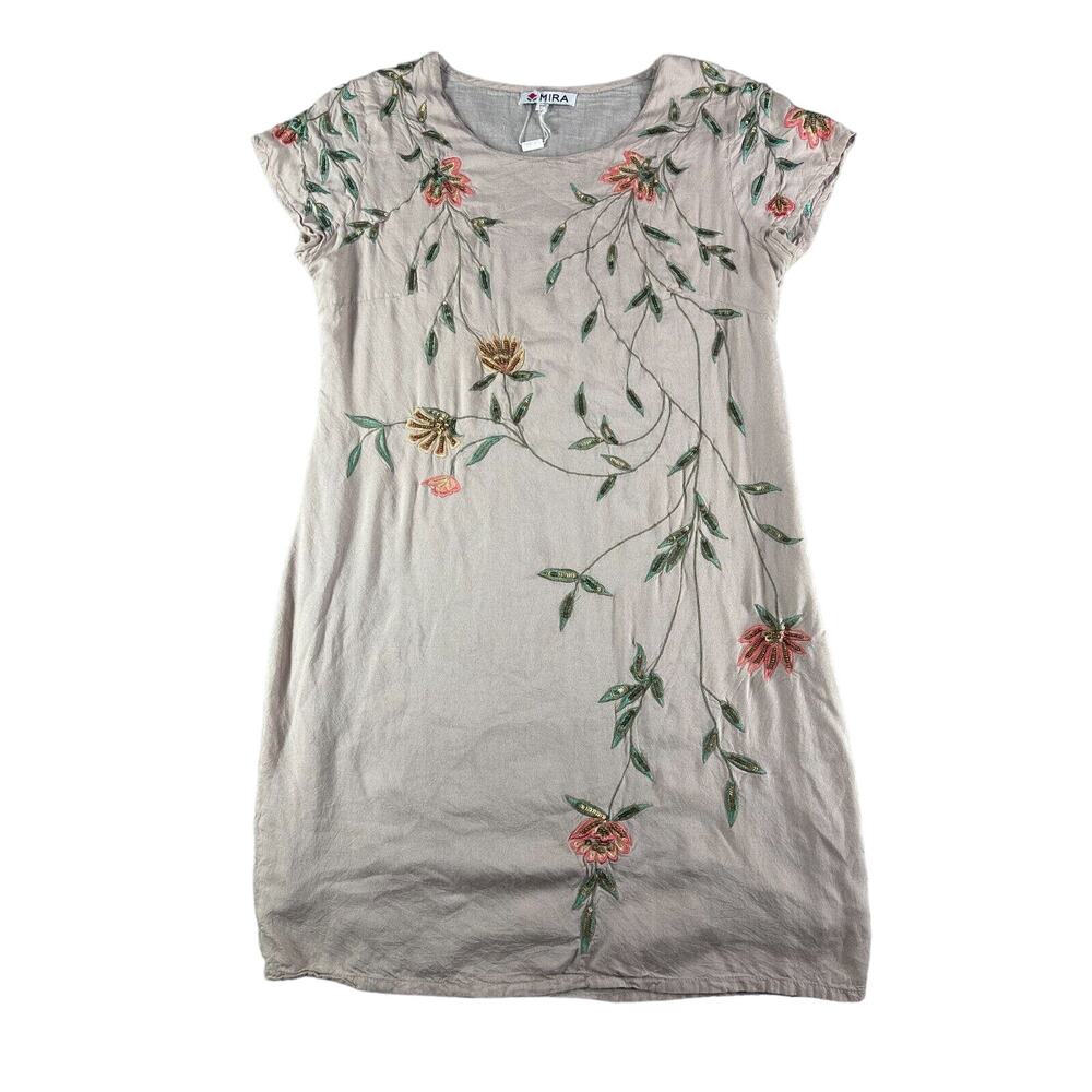 Mira Dress Womens Small Brown Floral Knit Sequin Lightweight Short Sleeve